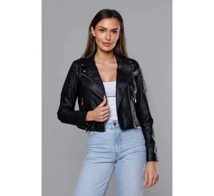 Krátká černá bunda ramoneska z ekologické kůže model 18117126 - J.STYLE Krátká černá bunda ramoneska z ekologické kůže model 18117126 - J.STYLE