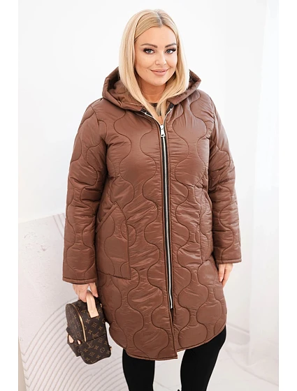 Dámská zimní prošívaná bunda Plus Size s kapucí čokoládová