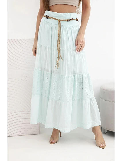 Dámská maxi bavlněná sukně s ažurovým model 22048769 a elastickým pasem mátová - K-Fashion