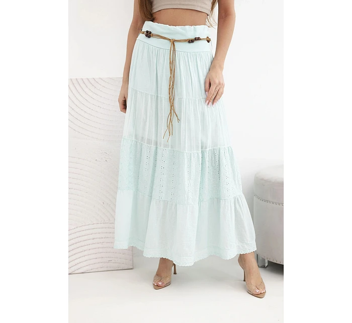 Dámska maxi bavlnená sukňa s čipkovou výšivkou a elastickým pásom mätová