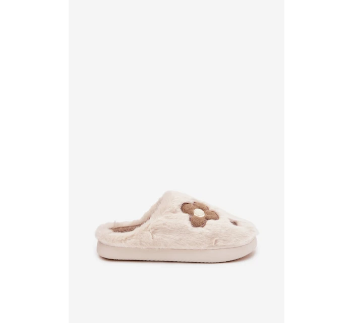 Kožešinové pantofle s květinami béžové model 21772526 - Boto