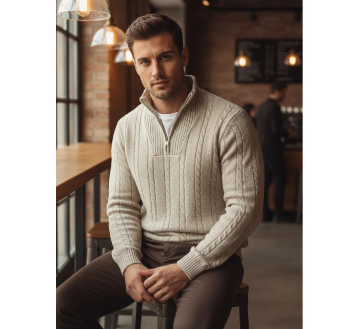 Pánsky sveter so stojacím golierom béžovej farby FashionStreet WX2327