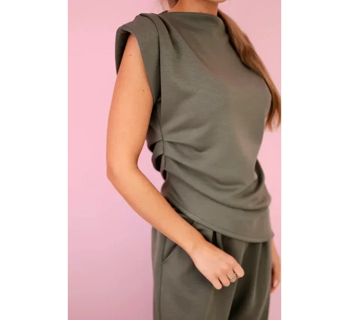 Komplet asymetrická halenka + kalhoty khaki