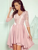 NICOLLE - Dámske šaty v púdrovo ružovej farbe s dlhším zadným dielom as čipkovaným výstrihom 210-11