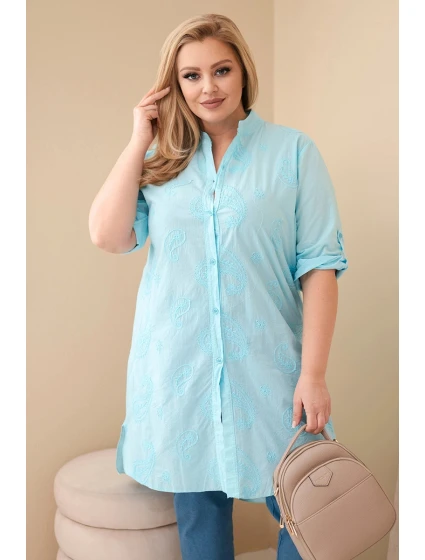 Dámské šaty Plus Size s výšivkou a ohrnutým rukávem mátová