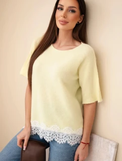 Dámsky sveter s krátkym rukávom a čipkou žltý