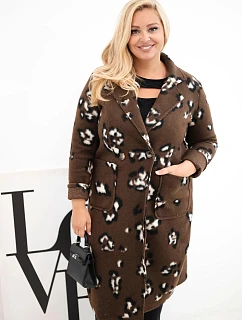 Dámsky elegantný kabát vo veľkosti Plus Size s klopami, leopardí vzor, hnedý