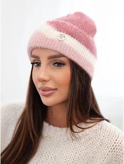 Dámská čepice beanie žebrovaná s ozdobou tmavě růžová+pudrově růžová