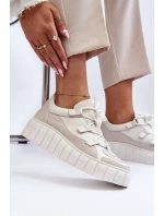 Dámské kožené sportovní boty na platformě model 21646406 světle béžové - Zazoo Dámské kožené sportovní boty na platformě model 21646406 světle béžové - Zazoo