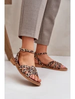 Dámske kožené sandále Zazoo 3688 Brown s plochým leopardím podpätkom