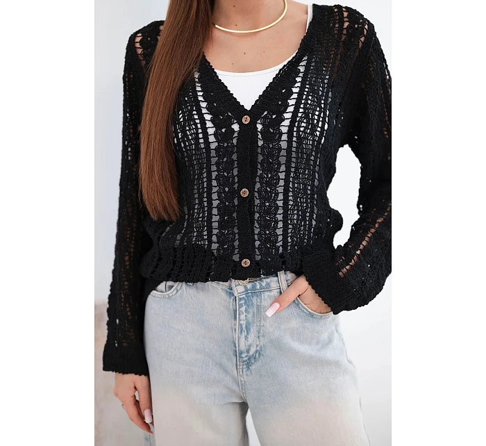 Dámsky bavlnený a čipkovaný sveter s výstrihom do V čierny