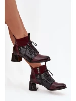 Zazoo 60503 Skórzane Botki Na Obcasie Ocieplane Bordowe