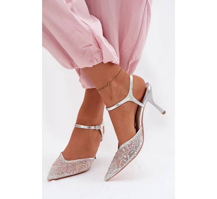 Dámské síťované sandály na jehlovém podpatku se třpytivým zdobením Stříbrné Laria
