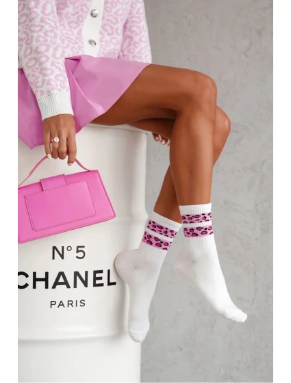Dámske ponožky s leopardími pruhmi - biele/ružové Dámske ponožky s leopardími pruhmi - biele/ružové