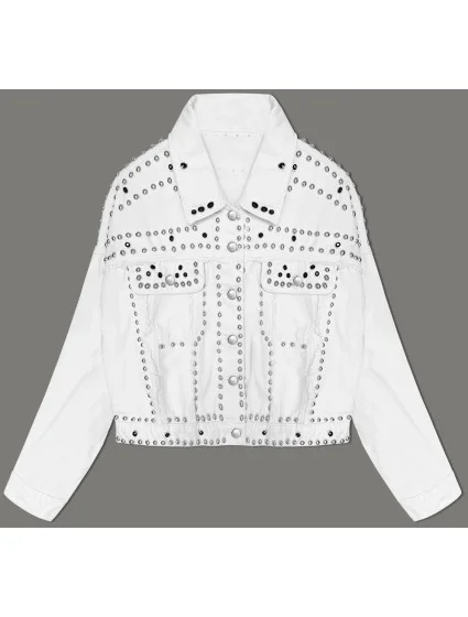 Biela dámska džínsová bunda s kamienkami (M7010)