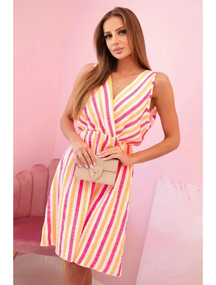 Dámske bavlnené šaty s farebnými pruhmi v neónovo ružovej farbe