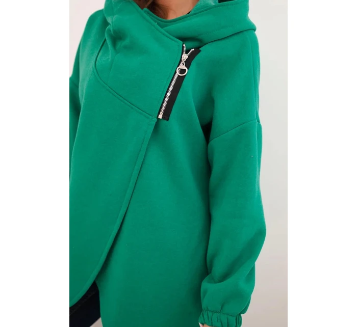 Dámska mikina s kapucňou s asymetrickým zipsom zelená