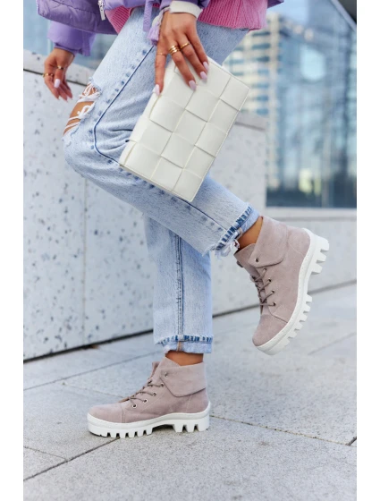 Zamszowe Botki Trapery Wiązane Jasnofioletowe Dalles