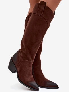 Dámske prírodné semišové kovbojské čižmy na podpätku Artiker - hnedé