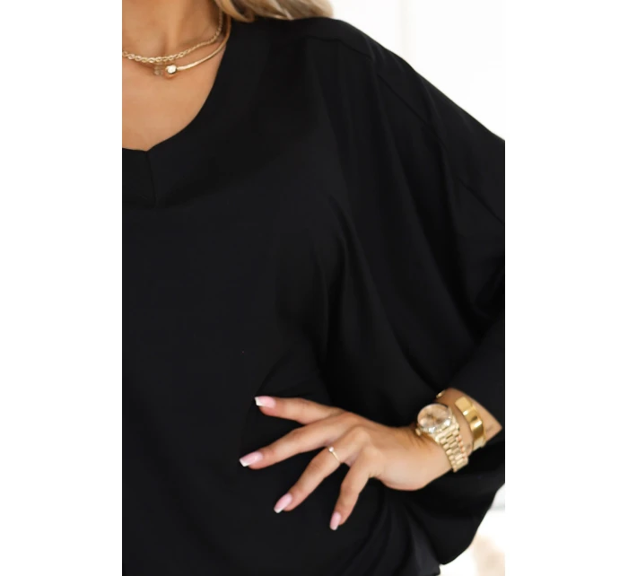 402-10 Pohodlné netopierie šaty s dlhým rukávom - čierne