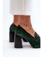 Skórzane Czółenka Na Masywnym Słupku Laura Messi 2706 Ciemnozielone