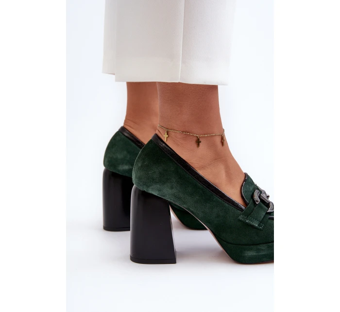 Skórzane Czółenka Na Masywnym Słupku Laura Messi 2706 Ciemnozielone