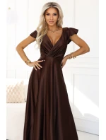 411-15 CRYSTAL saténové dlhé šaty s výstrihom - čokoládové