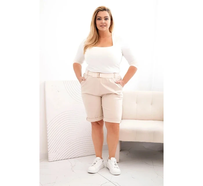 Dámske Plus veľkosť bavlnené šortky s opaskom svetlo béžová