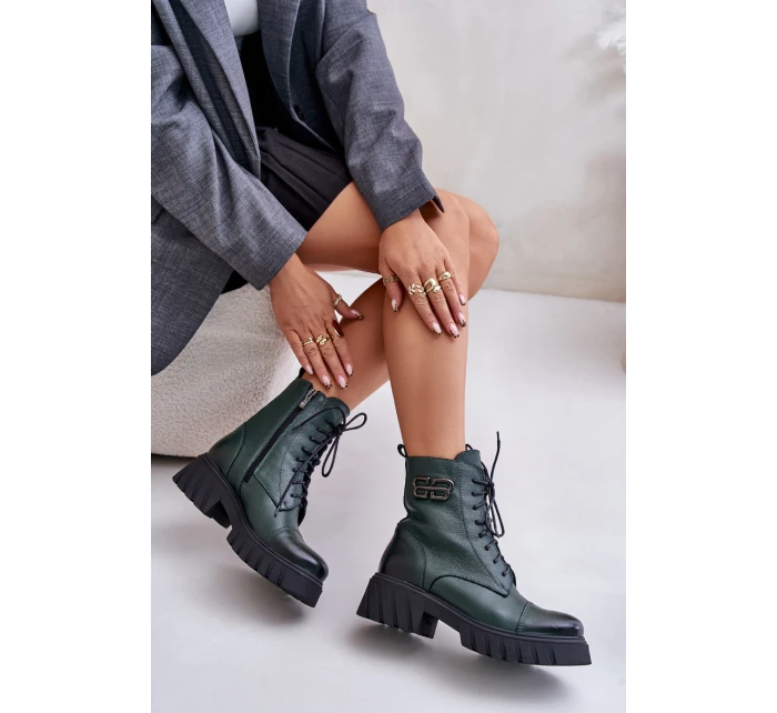 Zazoo 60486 Skórzane Botki Workery Ocieplane Ciemnozielone