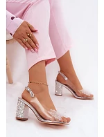 Sandály na podpatku s krystaly síťovaná mašle D&A MR61-9010 Stříbrné