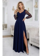 LORETTA dlouhé šaty s rukávy a výstřihem tmavě modré model 21941595 - numoco