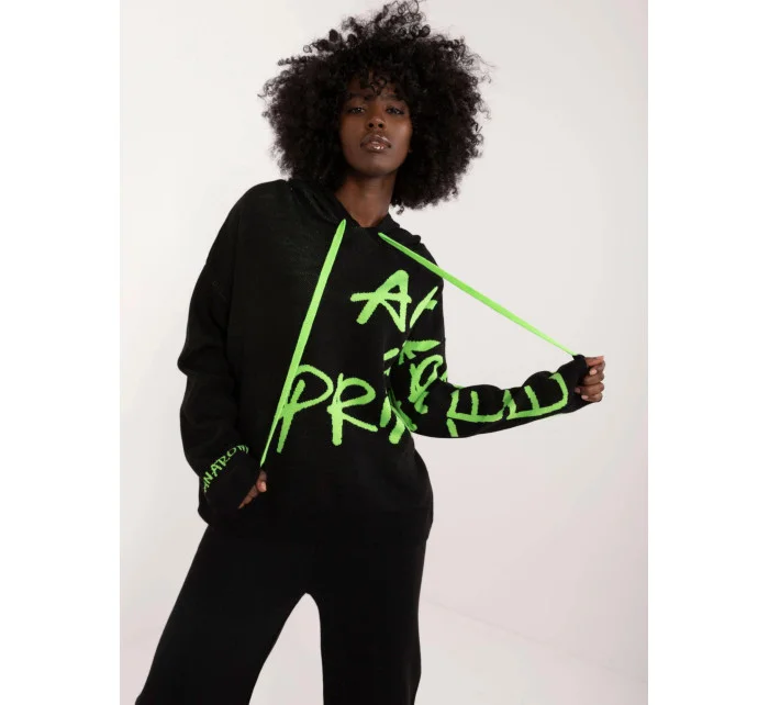 Čierno-zelený dvojdielny set - sveter s kapucňou a široké nohavice (1469)