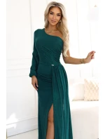 658-2 Trblietavé maxi šaty na jedno rameno s asymetrickými rukávmi a rozparkom - fľaškovo zelené
