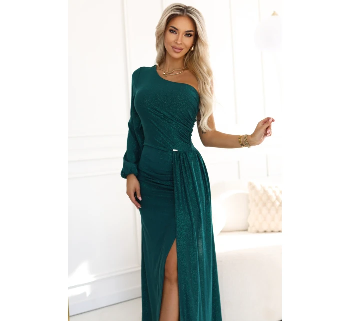 658-2 Trblietavé maxi šaty na jedno rameno s asymetrickými rukávmi a rozparkom - fľaškovo zelené