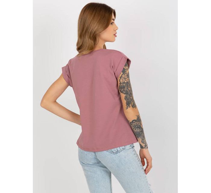 Bavlnené dámske tričko v špinavej ružovej farbe s vyhrnutými rukávmi Feel Good (4833-35)