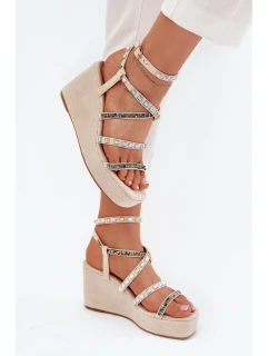 Sandały Damskie Na Koturnie Ze Zdobieniem Na Paskach Beżowe Lunara