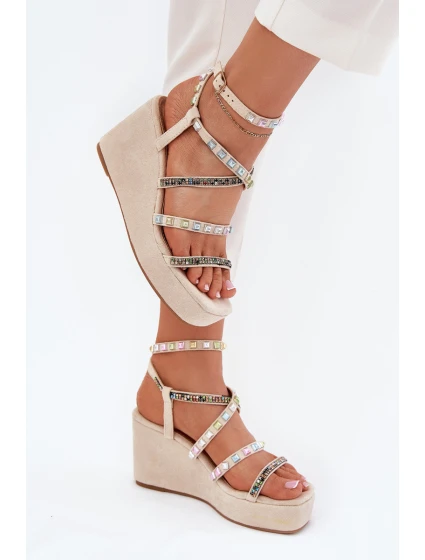Sandały Damskie Na Koturnie Ze Zdobieniem Na Paskach Beżowe Lunara Sandały Damskie Na Koturnie Ze Zdobieniem Na Paskach Beżowe Lunara