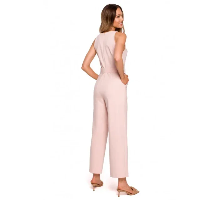 M679 Overal bez rukávov s opaskom a sponou - cukrovo ružový