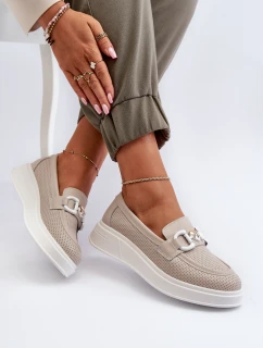 Skórzane Mokasyny Damskie Na Platformie Beżowe S.Barski LR720