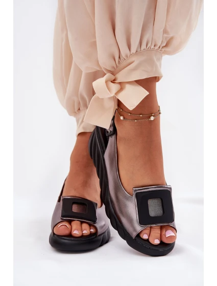 Dámské kožené sandály na platformě s ozdobou model 21693470 grafitové - Artiker