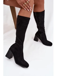 Kozaki Damskie Na Masywnym Słupku Eko Zamszowe Czarne Traven