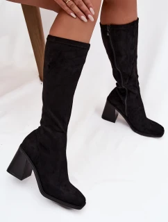 kozačky na podpatku Eko semiš černé model 21715273 - Boto