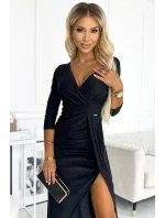 404-6 Dlhé trblietavé šaty s výstrihom a rozparkom na nohách - ČIERNE s trblietkami