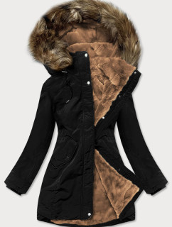 Čierna dámska zimná bunda parka s kožušinovou podšívkou (M-21501)