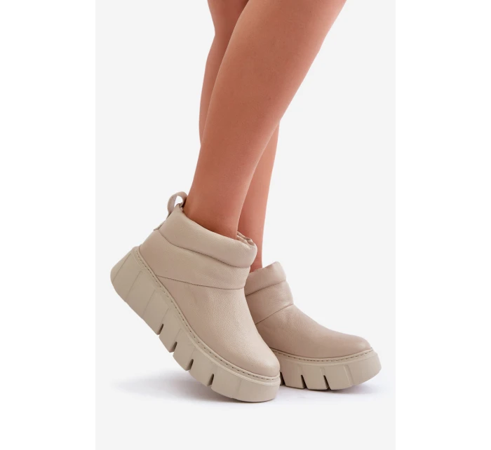 Zazoo 60470 Skórzane Botki Ocieplane Wełną Na Platformie Jasnobeżowe