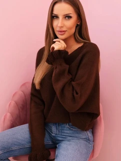 Dámsky mohérový sveter s nariasenými rukávmi a výrezom na chrbte hnedý