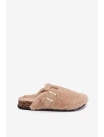 Futrzane Klapki Damskie Na Platformie Z Paskiem I Klamrą Beżowe Noraline