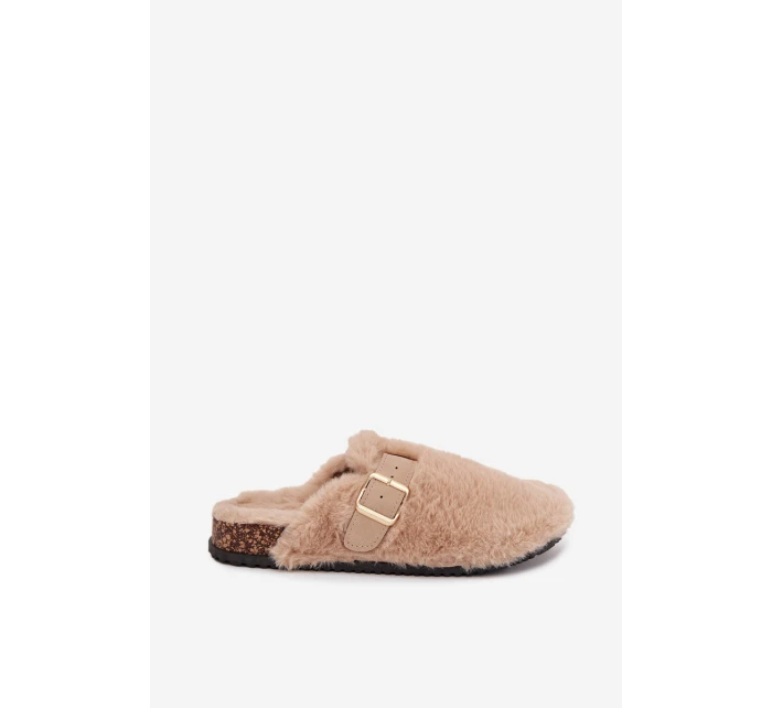 Futrzane Klapki Damskie Na Platformie Z Paskiem I Klamrą Beżowe Noraline