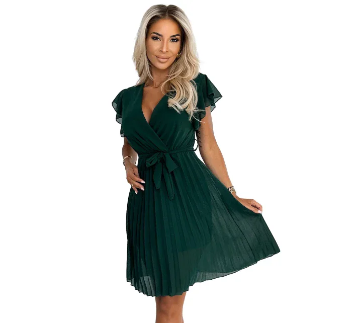 Dámské šifonové plisované šaty v lahvově zelené barvě s výstřihem a volánky model 20524032 - numoco basic