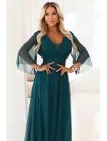 654-1 Dlhé lesklé plus size šaty s výstrihom a priehľadnými rukávmi - fľaškovo zelené 654-1 Dlhé lesklé plus size šaty s výstrihom a priehľadnými rukávmi - fľaškovo zelené